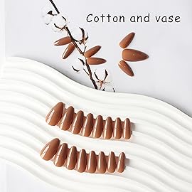 KQueenest Glossy Caramel Brown Press on Nails Medium Almond Stiletto Gel Fake Nails Medium Pure Color Acrylic Nails Press ons Stick on Nails for Women Feature Protective UV Coating in 24PCS