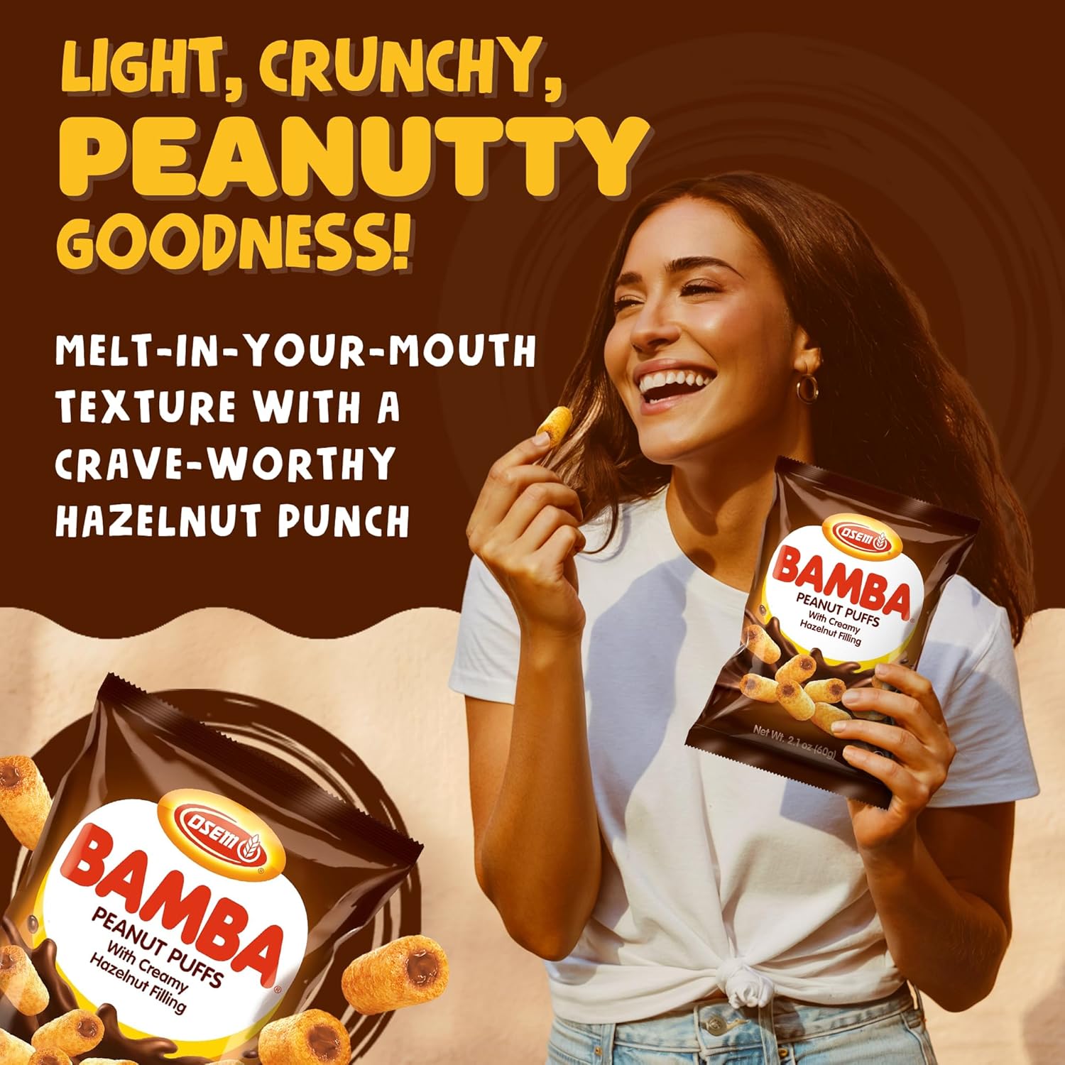 Osem Bamba Peanut Butter Puffs, Original & Hazelnut Bundle - All Natural Peanut Butter Puffs Family Pack + 1 2.1oz Bag of Hazelnut Bamba