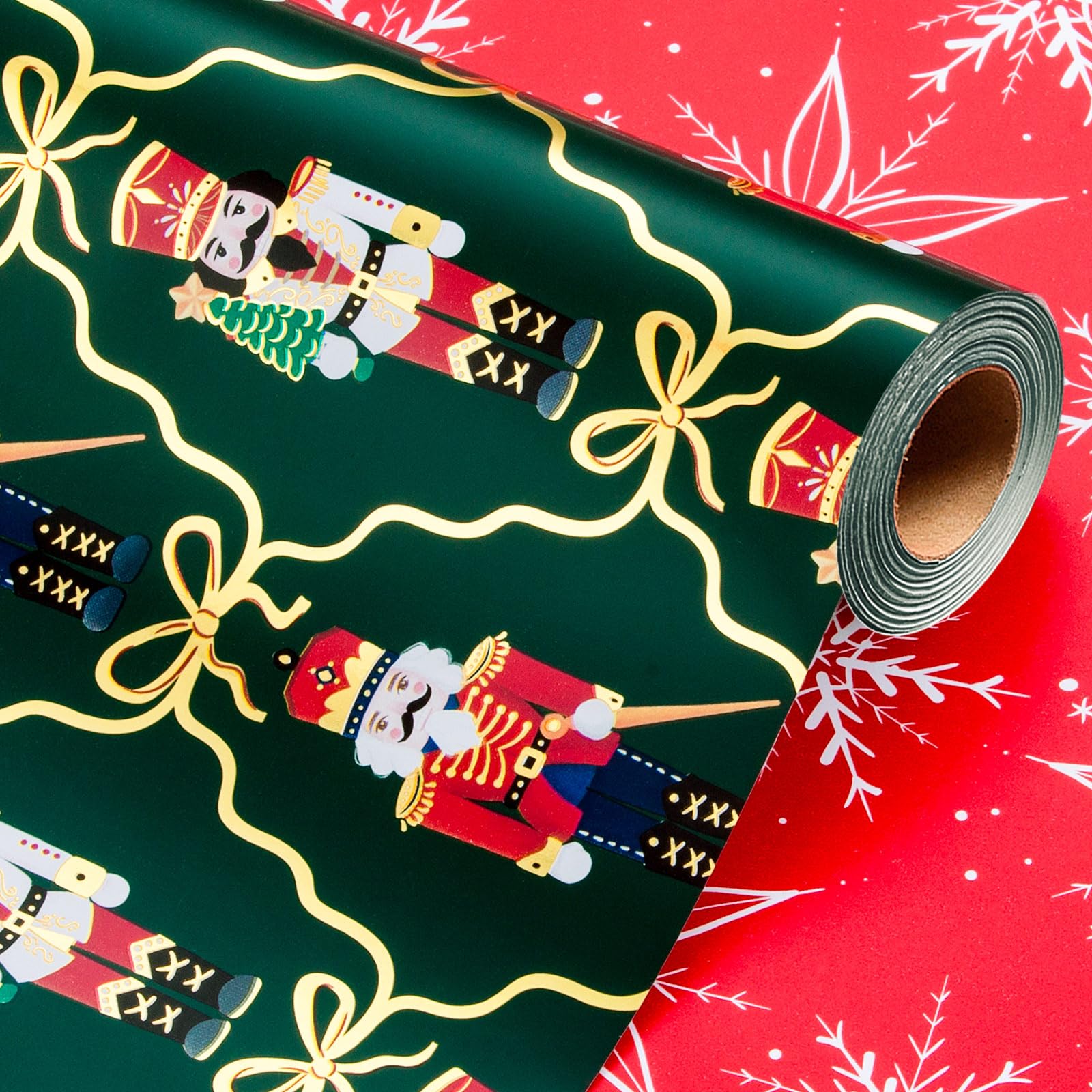 Wikadlik Reversible Christmas Wrapping Paper - 43cm x 10m Nutcracker Holding Christmas Tree Red Snowflake Design Green Gift Wrap Paper — image 1