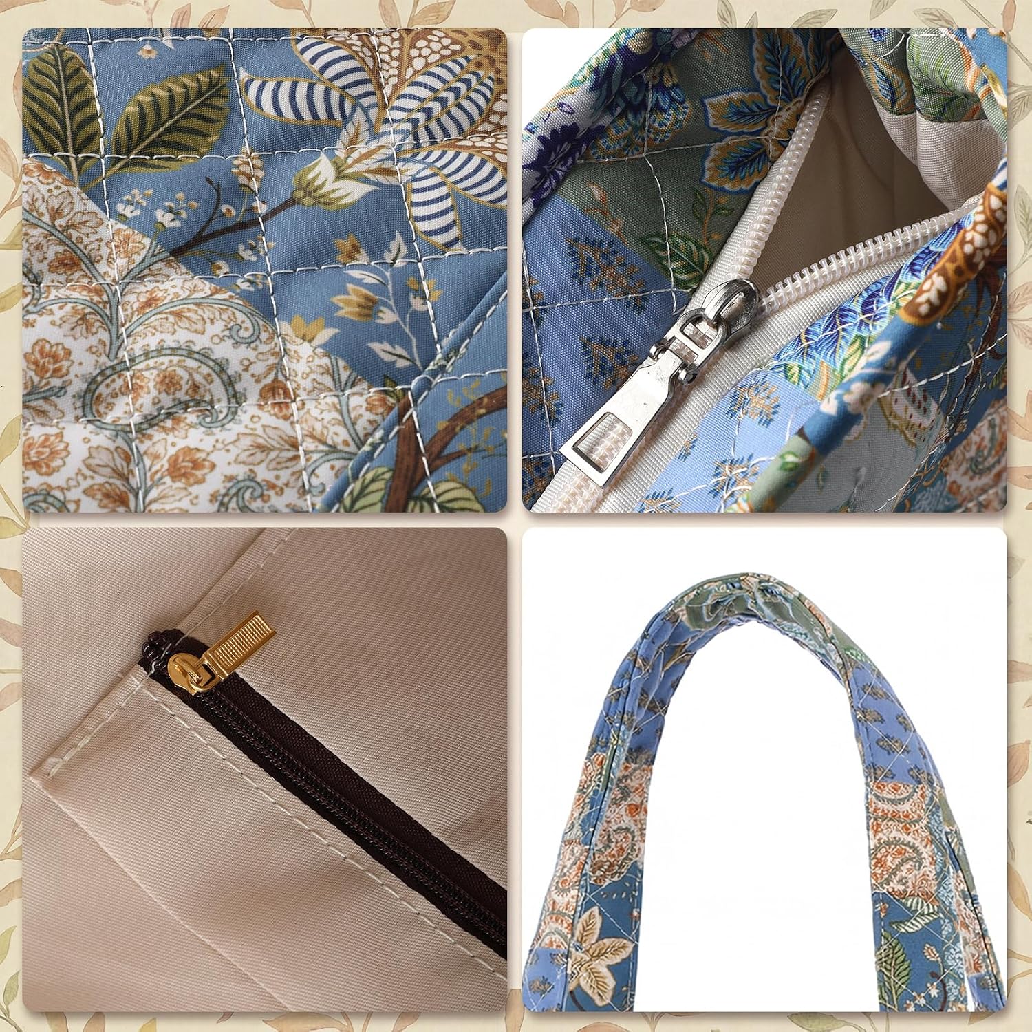 Quilted Tote Bag for Women Small Vintage Floral Shoulder Bag Handbag with Zipper Interior Poeckt for Work Travel