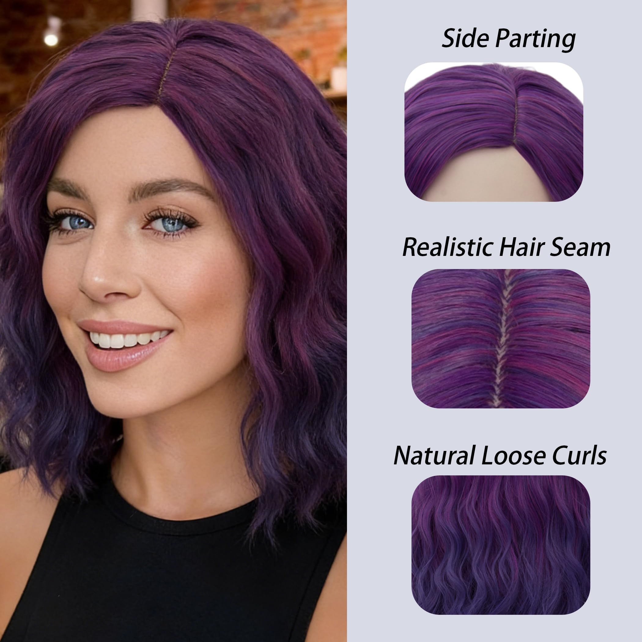 Women Purple Ombre Heat Resitant Wavy Curly Cosplay Halloween Bob Party Wig Amazon.com : BUFASHION 14 main image 3