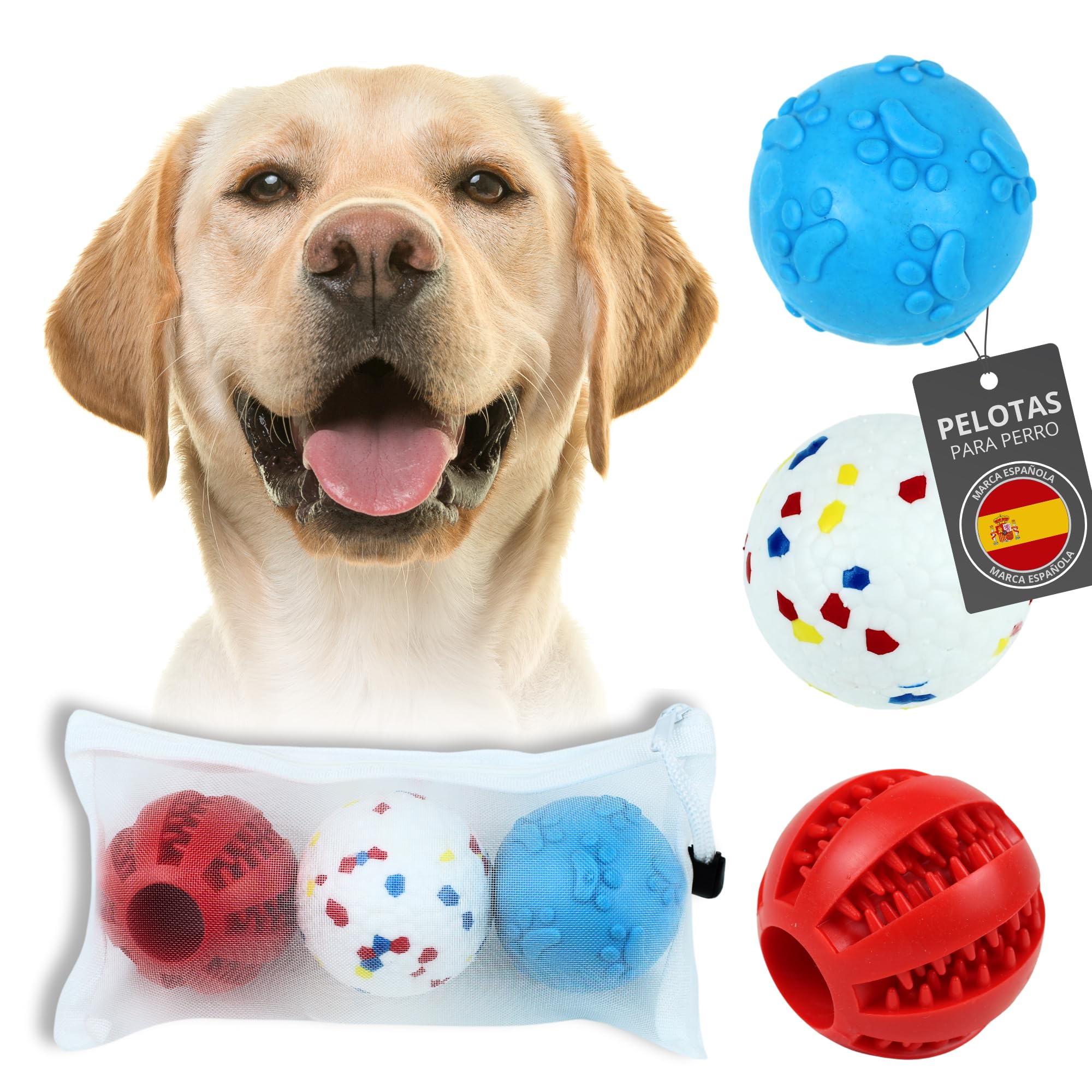 Zedegran: "Pack de 3 Pelotas para Perros + Bolsa de Almacenamiento, Mordedores, Juguetes para Perros. Diversión, Entretenimiento y Cuidado Dental en un Solo Set