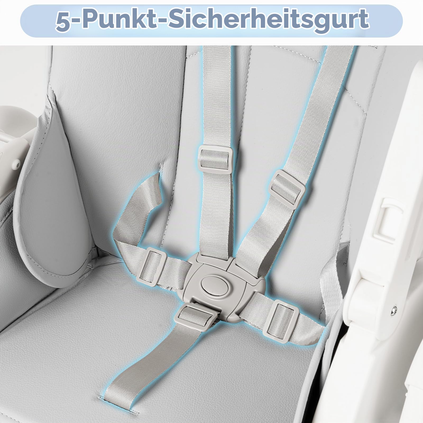 Aufun Kinderhochstuhl Verstehllbar und Klappbar, Höhenverstellbarer Baby Essstuhl mit Liegefunktion, Baby Hochstuhl mit wachsend und Sicherheitsgurt 6 Monaten bis 6 Jahre PU Leder Kissen (Grau)