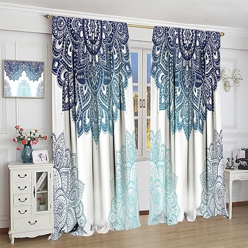Miniatura 4 de Cortina opaca con diseño de mandala oriental con bolsillo para cortinero, sala de estar, comedor, cocina, dormitorio, 2 paneles de 42 x 45 pulgadas