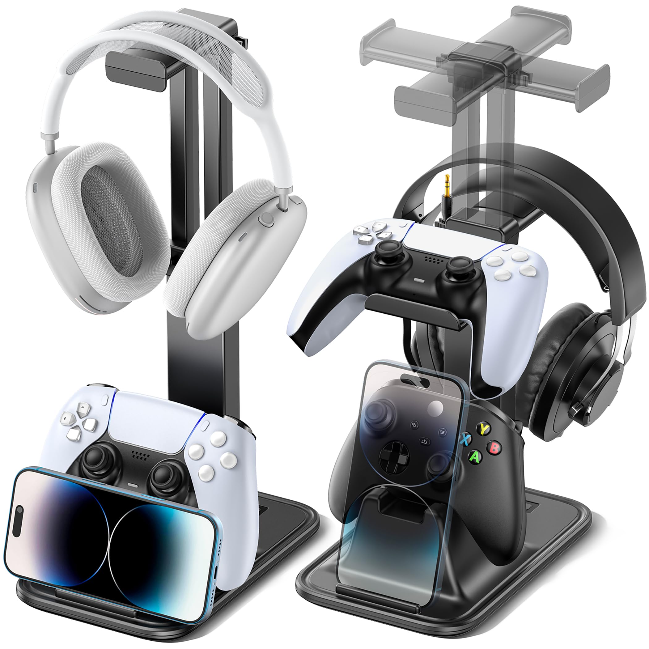 Supporto Cuffie e Joystick da Scrivania Regolabile in Altezza, Supporto Cuffie Gaming Ruotabile a 360° con Supporto per Cellulare e Dual Controller, Accessori Gaming Adatto a Tutte le Cuffi