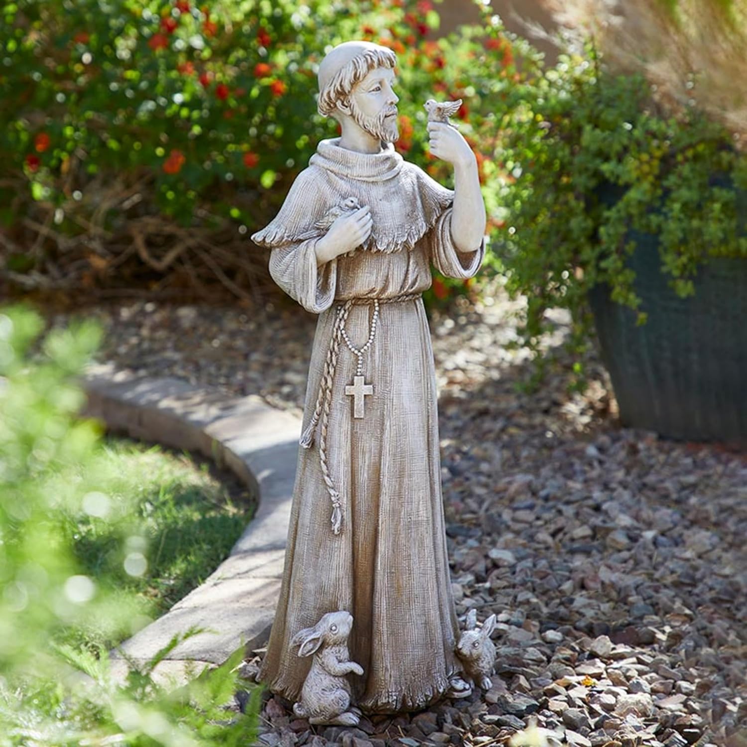 Garden Statue - Saint Francis Stone-Resin Indoor/Outdoor Catholic Sculpture, 24" Tall, Bird & Rabbit