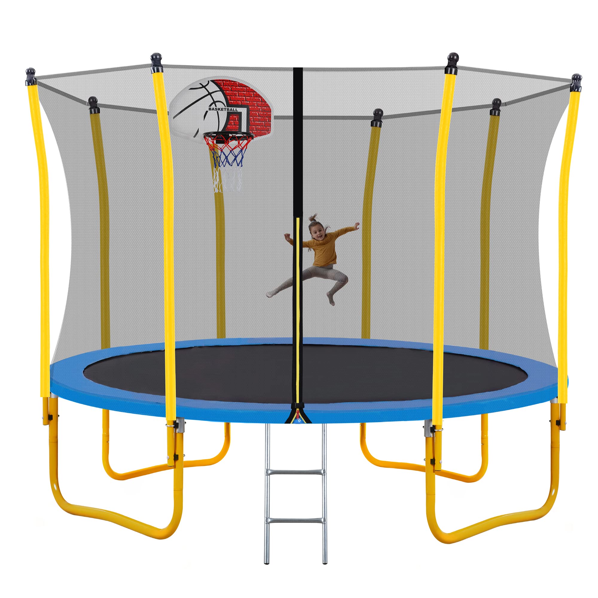 Evedy 12FT Trampoline with Safety Enclosure Net, Basketball Hoop and Ladder,Round Outdoor Recreational Trampoline for Kids,Easy Assembly,Yellow&Blue