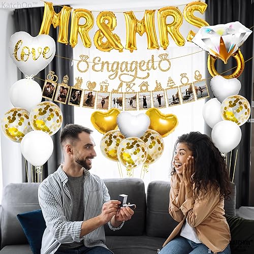 Miniatura 9 de KatchOn, Decoraciones doradas para fiestas de compromiso, paquete de 12, pancarta de compromiso, decoraciones de despedida de soltera, globos de