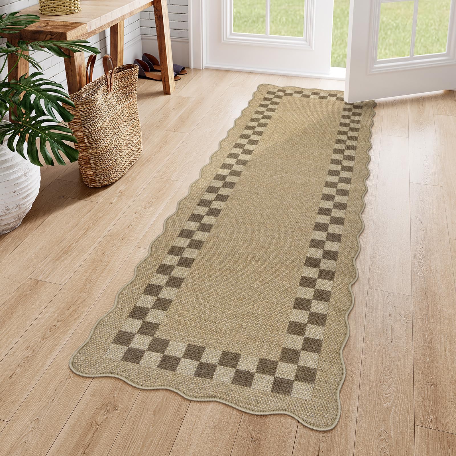 LIVEBOX Easy Jute Checkered Runner Rug for Kitchen, Scalloped Washable 2x6 Tan Rugs for Entryway, Geometric Indoor Outdoor Non Slip Rug Farmhouse