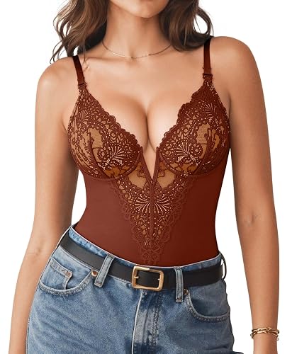 Popilush Shapewear Bodysuits for Women Lace Corset Tops Tummy Control V Neck Sleeveless Body Suit Thongs - Large - Dark Brown
