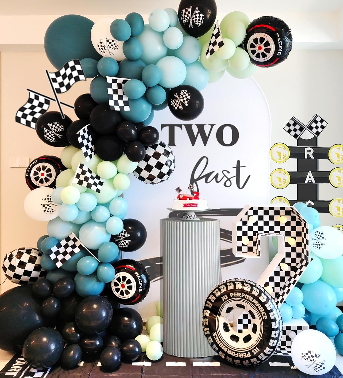 Race Car Party Balloons Arch Kit,177pcs Race Car Party Decorations Dusty Blue black Dusty Green & Wheels Foil Balloon& Checkered Flag for kids Racing car Theme Two Fast Party Supplies