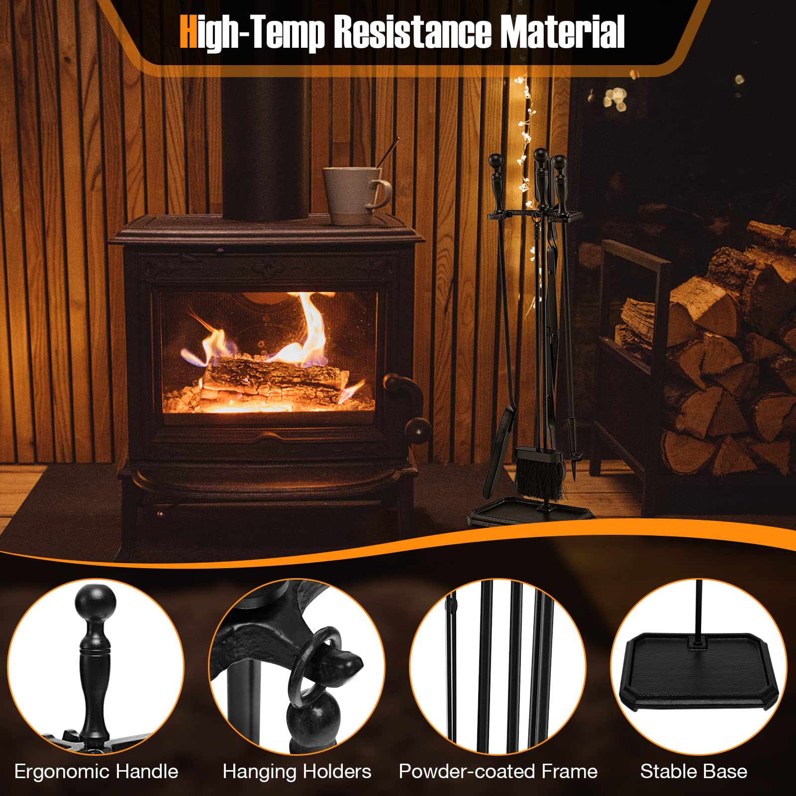 Juego de 5 piezas para chimenea de hierro forjado con soporte, pinzas, pala, cepillo y póquer, accesorios para estufa de carbón (natural + negro, 4 ganchos, base redonda)