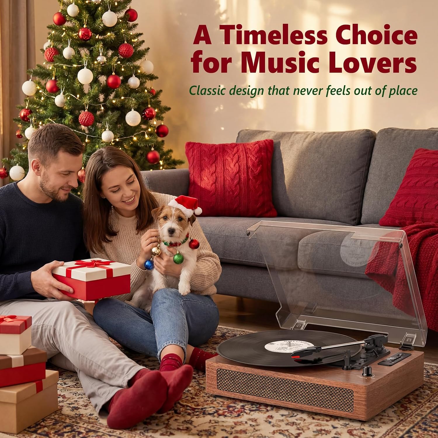 Vinyl Record Player Vintage with Bluetooth & Built-in Stereo Speakers, 3-Speed Belt-Drive Turntable with Vinyl Recording to USB/TF Card, EQ, Auto Stop, AUX & RCA Out, Walnut