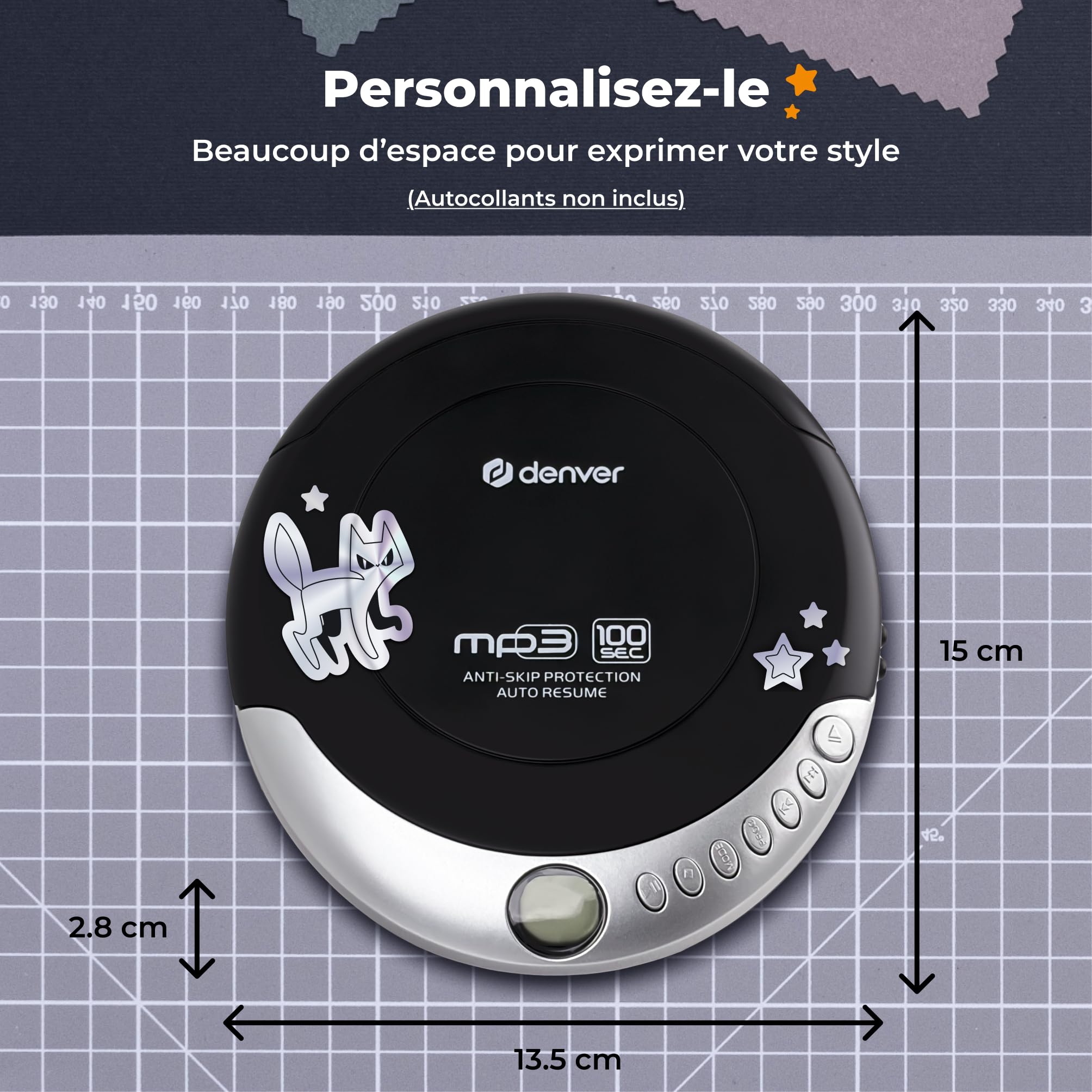 Denver DMP-391 Lecteur CD/MP3 Portable avec Anti-Choc, Reprise Automatique, écran LCD, Prise Casque, écouteurs Inclus, Noir