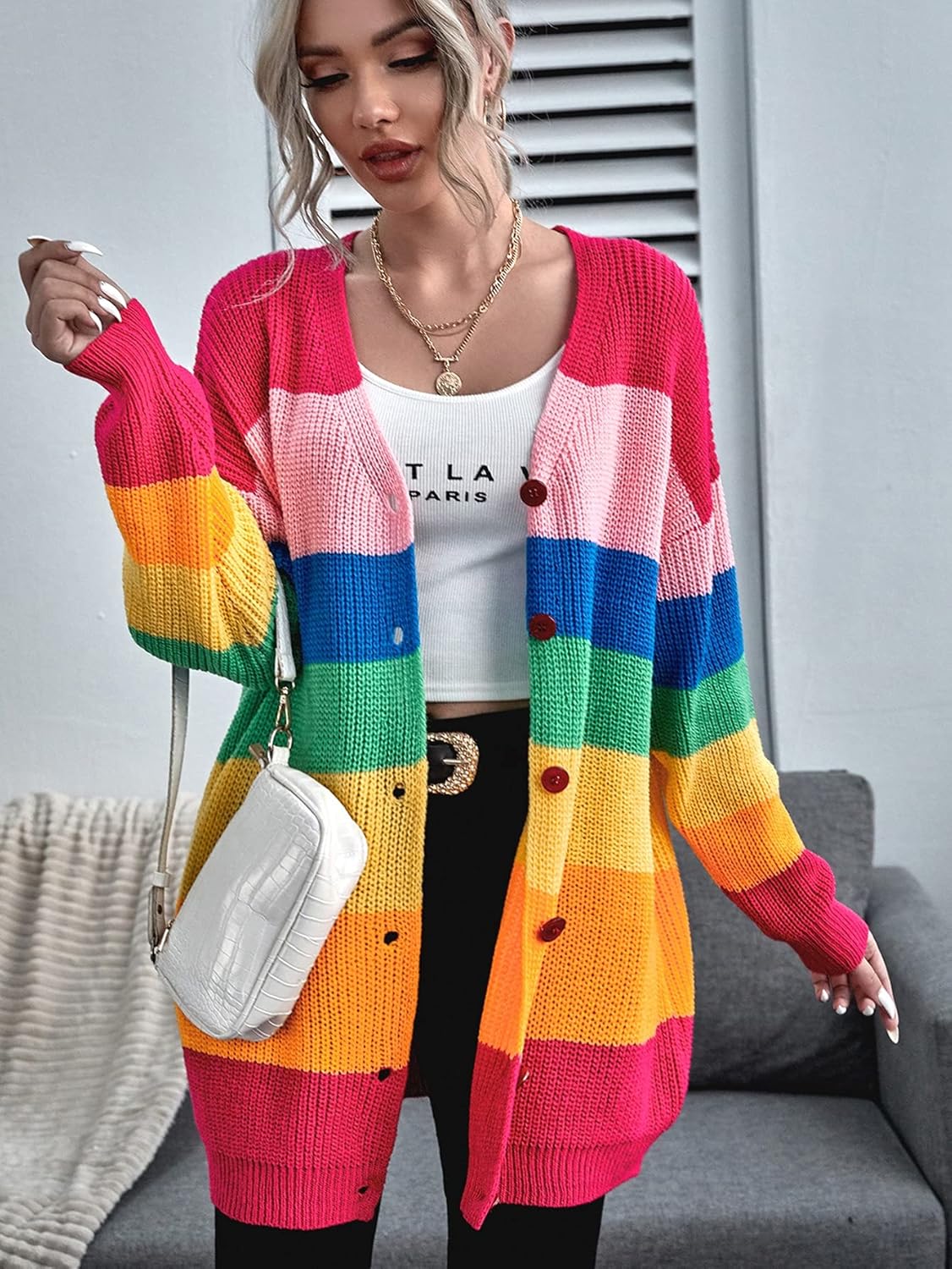 Floerns Women's Rainbow Striped Print Button Front Long Sleeve Cardigan Sweater - Image 3