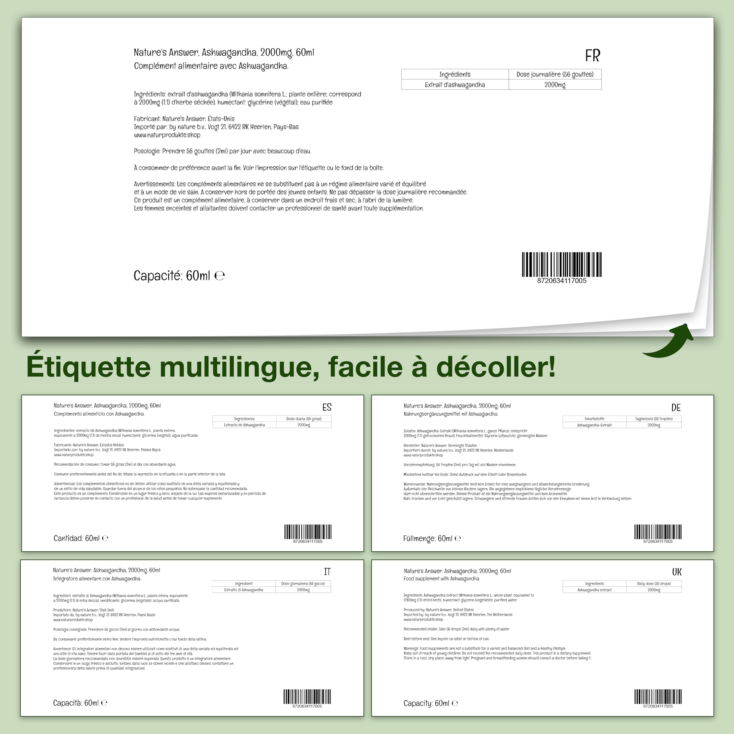 Nature's Answer, Ashwagandha Root (Racine d'Ashwagandha), 2.000mg, 60ml, Sans Gluten, Sans Soja, Végétalien, Végétarien, Sans OGM