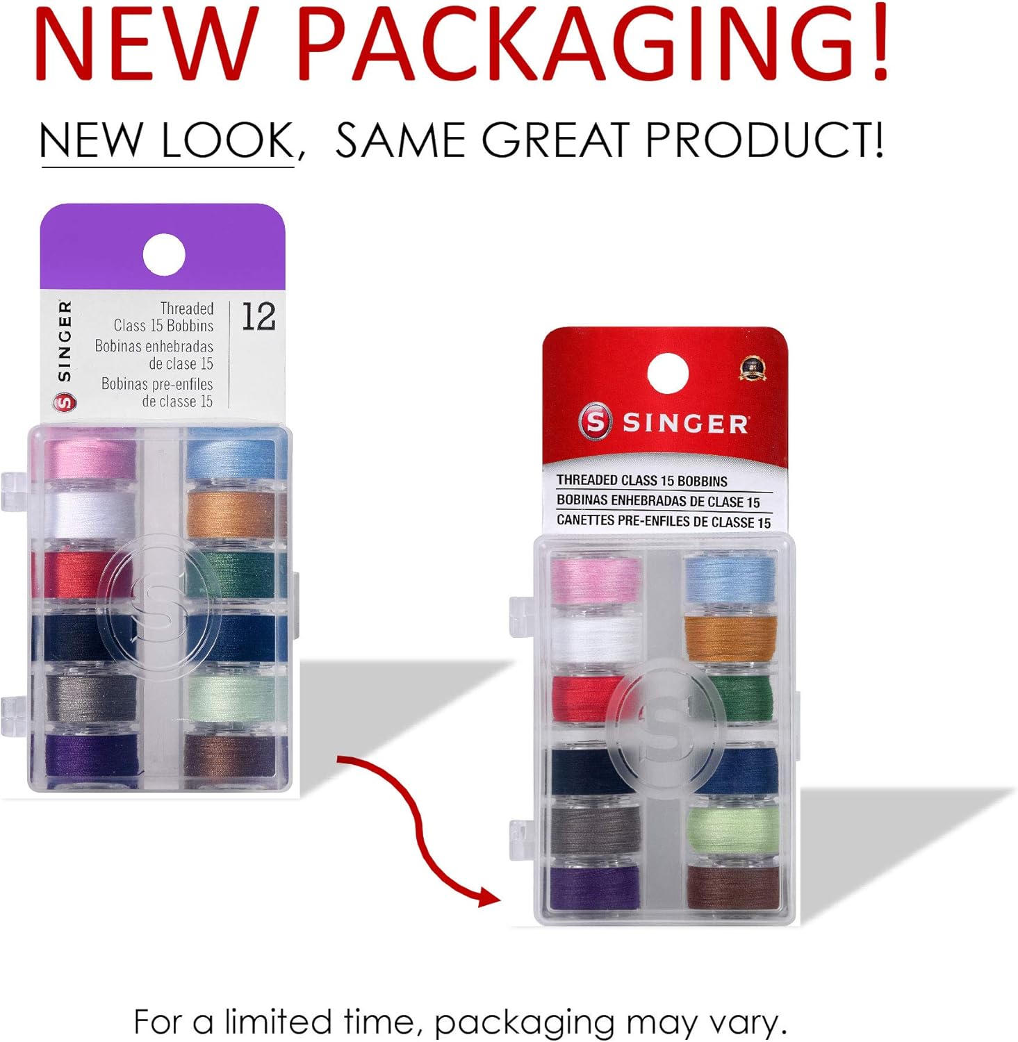 SINGER 21495 Class 15 Threaded Bobbins, Transparent, Assorted Colors, 12-Count