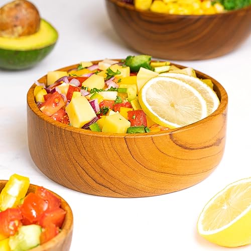 Juego de 4 cuencos grandes de madera de teca javanesa de 7 pulgadas, perfectos para el uso diario, aptos para el calor y el frío, ultra duraderos,
