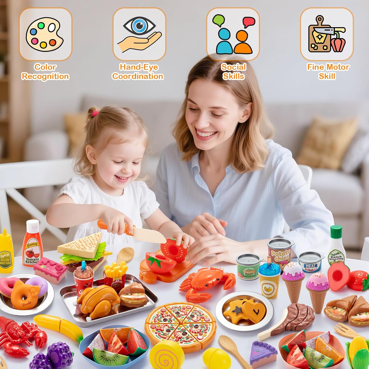 Juboury Pretend Play Food Set for Toddlers, Cutting Toy Food with Storage Bag, Stainless Steel Tray and Plates, Food Toys with Veggies, Fruits, Dessert, Pizza Toy, Play Kitchen Accessories for Kids - Image 2