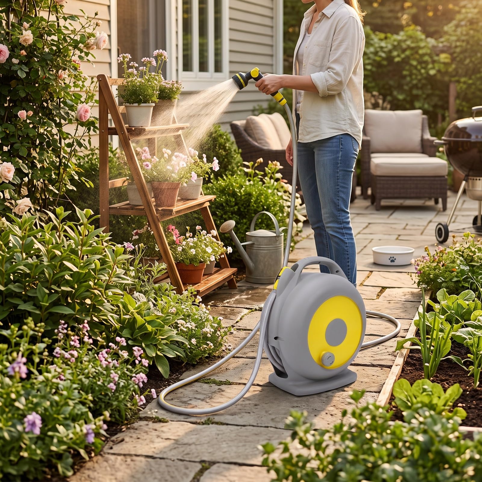 Carrete de Manguera de Jardín Retráctil 15M con Boquilla Rociadora | Varita de riego de 10 patrones, asa de transporte portátil, almacenamiento compacto de ABS, para limpieza de pisos
