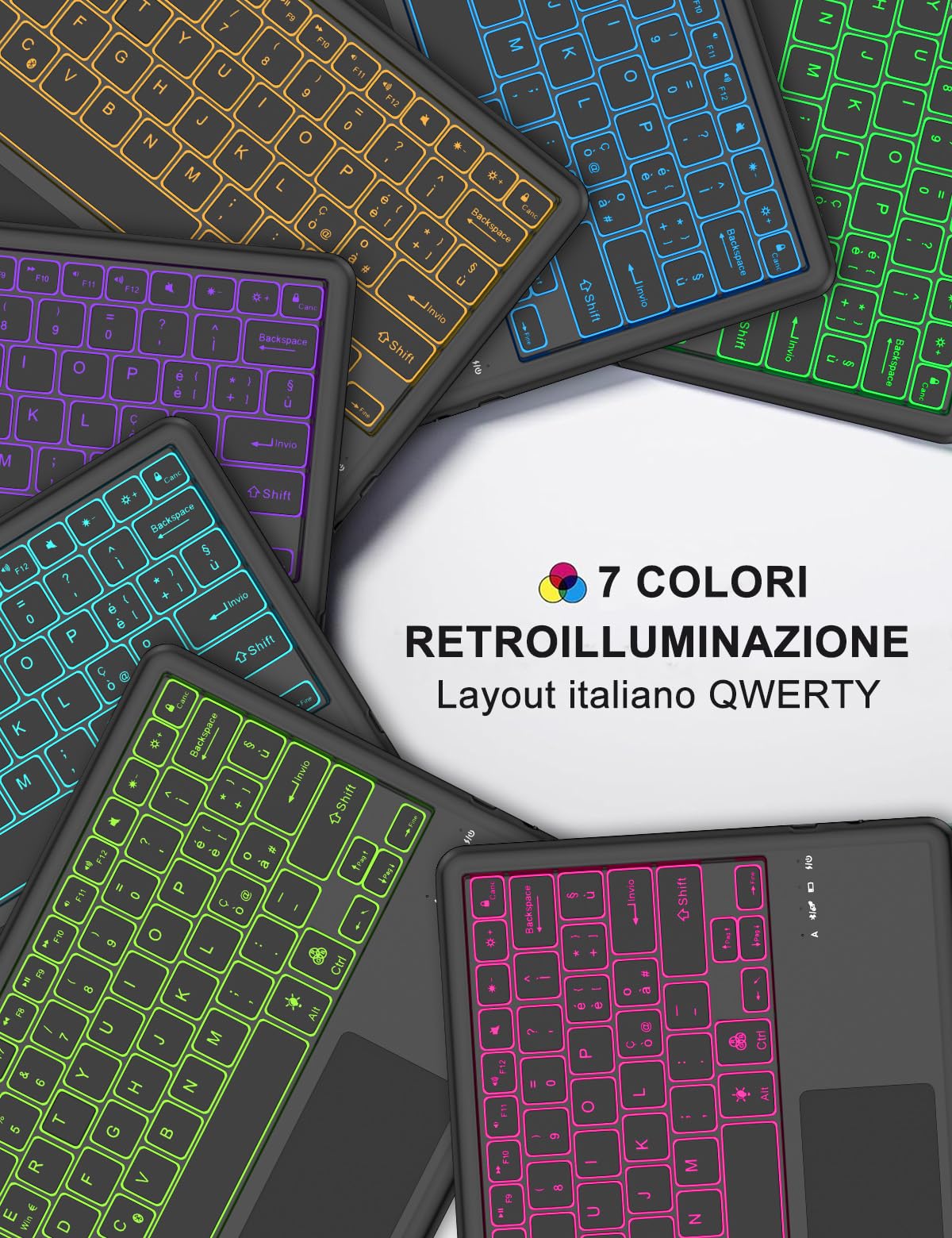 Cover con Tastiera per Lenovo Idea Tab Plus 12.1" (2025) & Tab K12 12.1" TB361FU/TB361ZU, Italiano, Con Retroilluminazione 7 Colori e Touchpad, Bluetooth, Fascia Penna