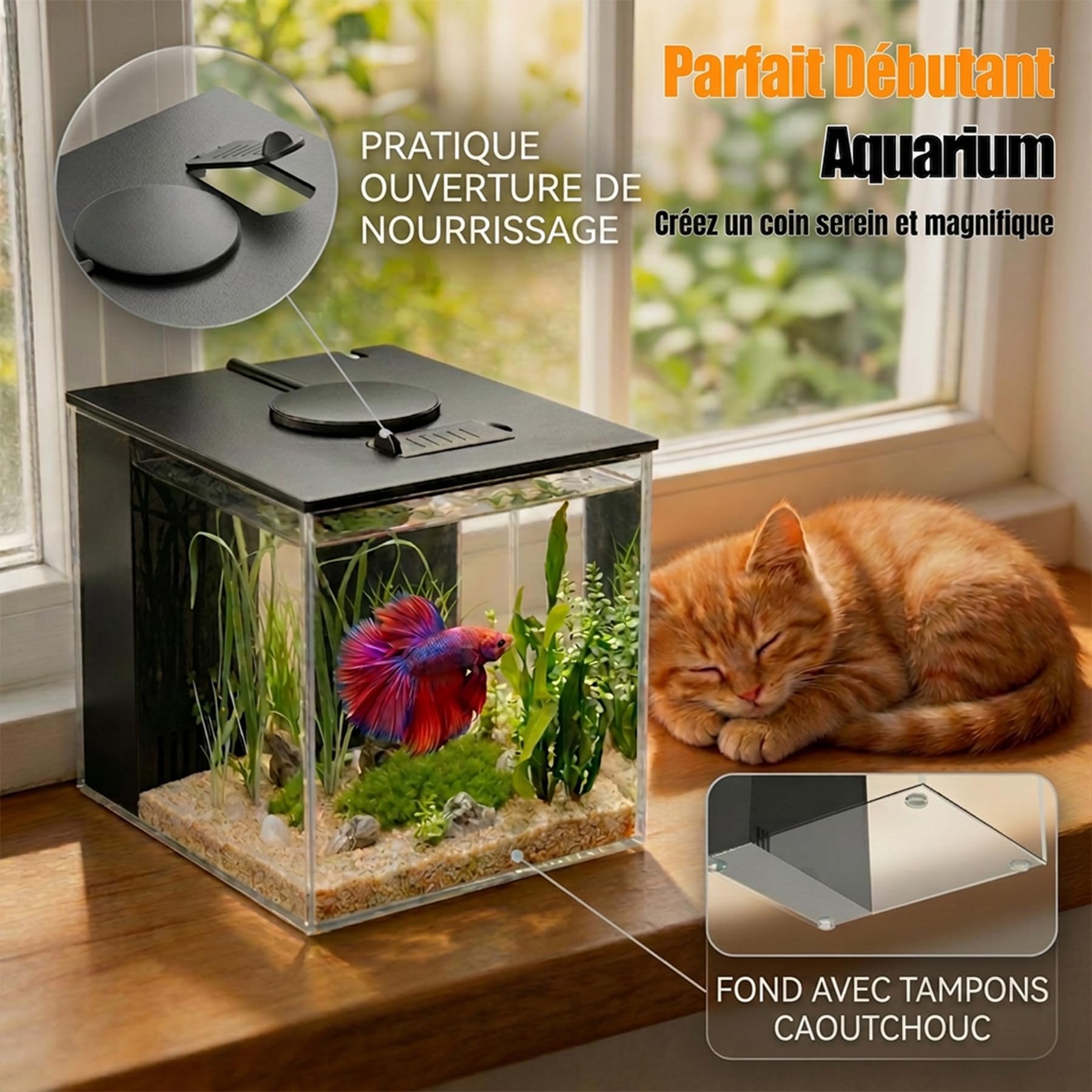 Petit Aquarium Complet 3,7L, Aquarium Betta en Acrylique avec Pompe de Filtration et éclairage LED, Idéal pour Les Petits Poissons, Les Crevettes et Les Plantes(Noir)