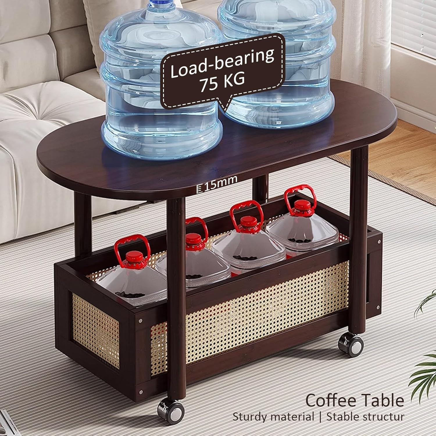 Farmhouse Coffee Table with Storage, 2-Tier Oval Living Room Table with Rotating Wheels, for Cups, Books, Snacks, Magazines