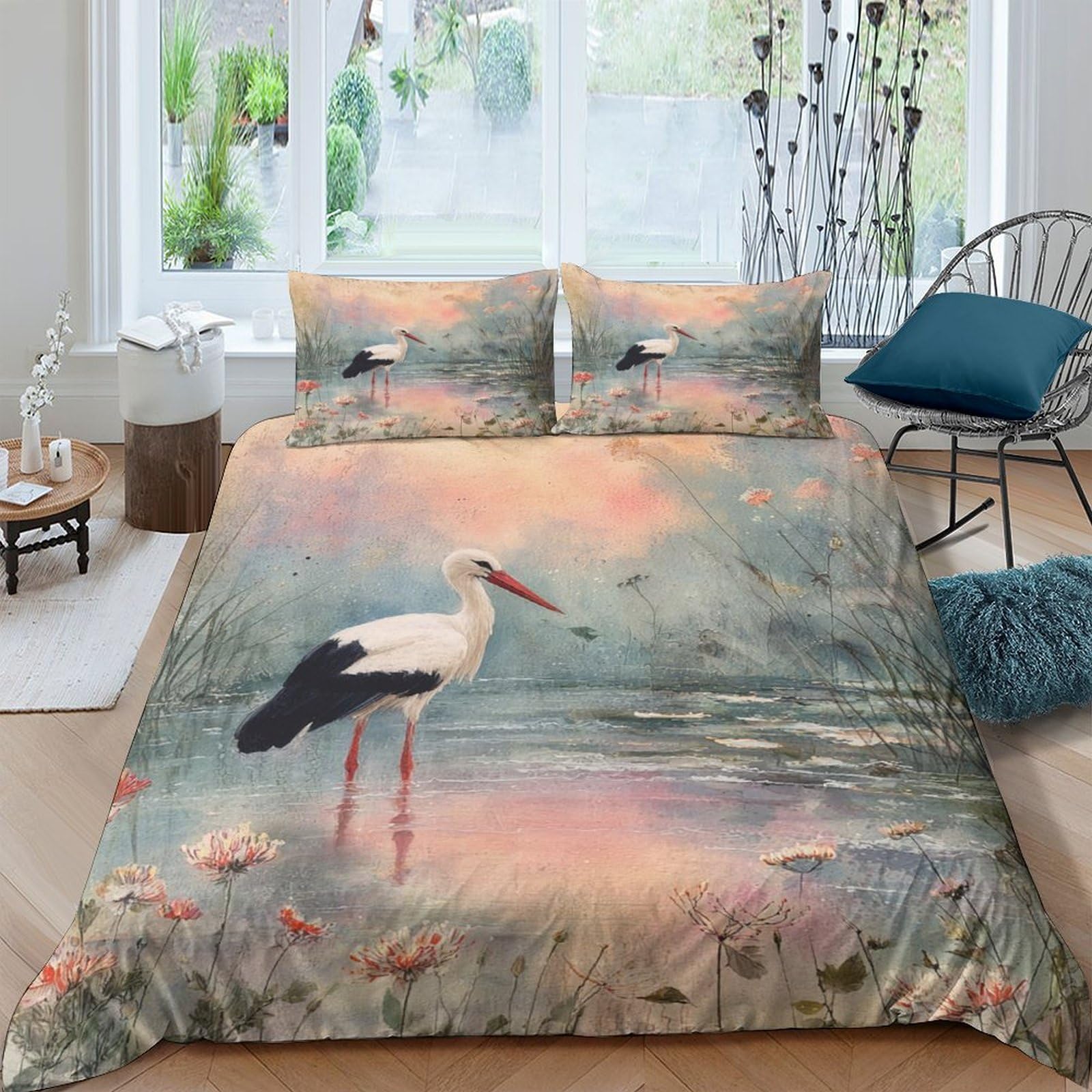 Ctjqhvkz Style-7 3D Printed Stork Lake Fitted Sheet Microfiber Anti-Slip Elegant Reed Bed Cover For Bedroom Guest Room Decor Single（135X200cm）