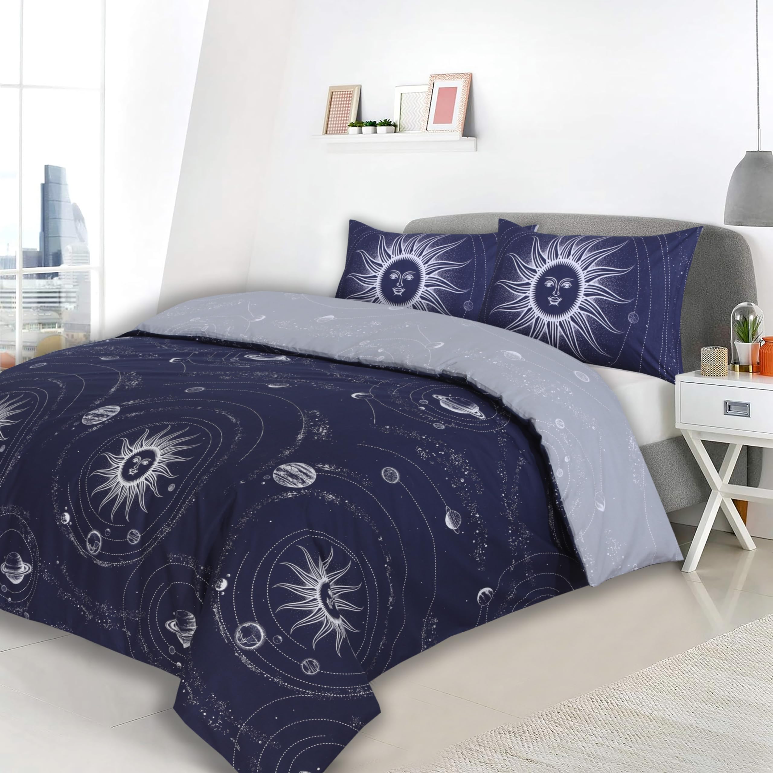 Charlotte Andersen Celestial Moon & Stars Duvet Cover Bedding Set - Polycotton, Reversible, Single/Double/King Size - Soft & Durable, Space Print (NAVY BLUE/GREY, Single)