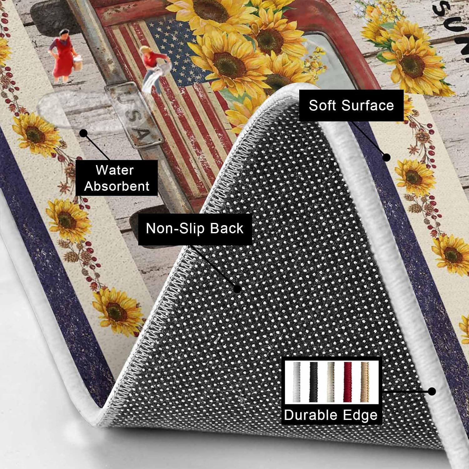 Prime Leader Farm Sunflowers Kitchen Mat Set 2 Pieces Summer Floral Red Truck Vine Fruit Wood Grain Non Slip Kitchen Rugs Washable Runner Rug Mats for Sink Laundry (23.6" x 35.4"+23.6" x 70.9")
