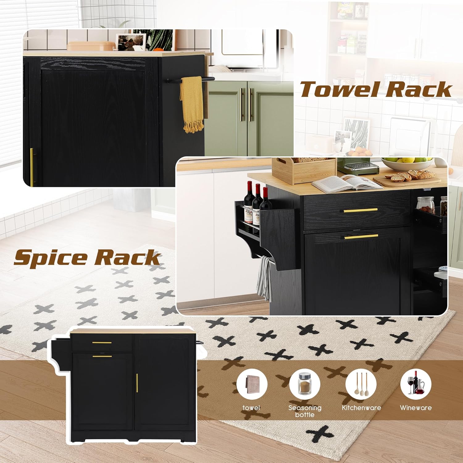 48" Kitchen Island with Trash Can Storage & Drop Leaf, Rolling Kitchen Island Table Cart with Spice/Towel Rack, Portable Kitchen Cabinet Bar Carts on Wheels with Drawer for Dining Room (Black)