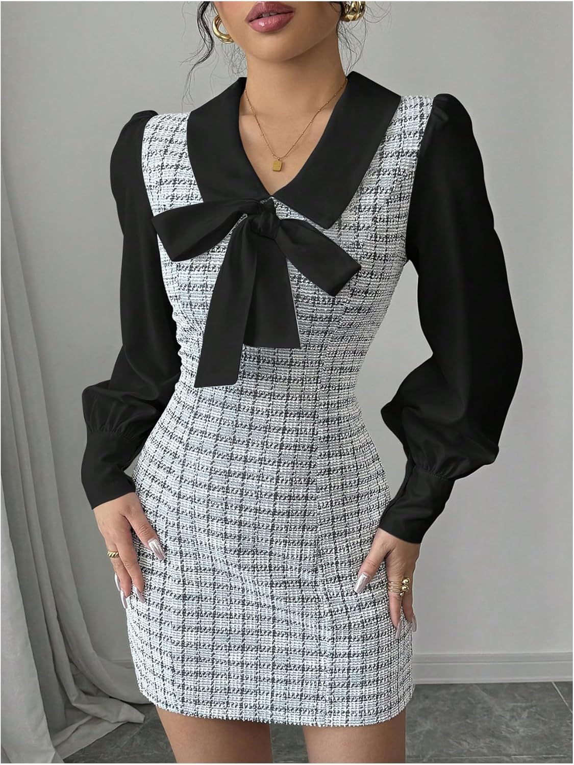 Floerns Women's Elegant Plaid Tweed Dress Bow Front Lantern Long Sleeve 2 in 1 Mini Houndstooth Dresses - Image 3