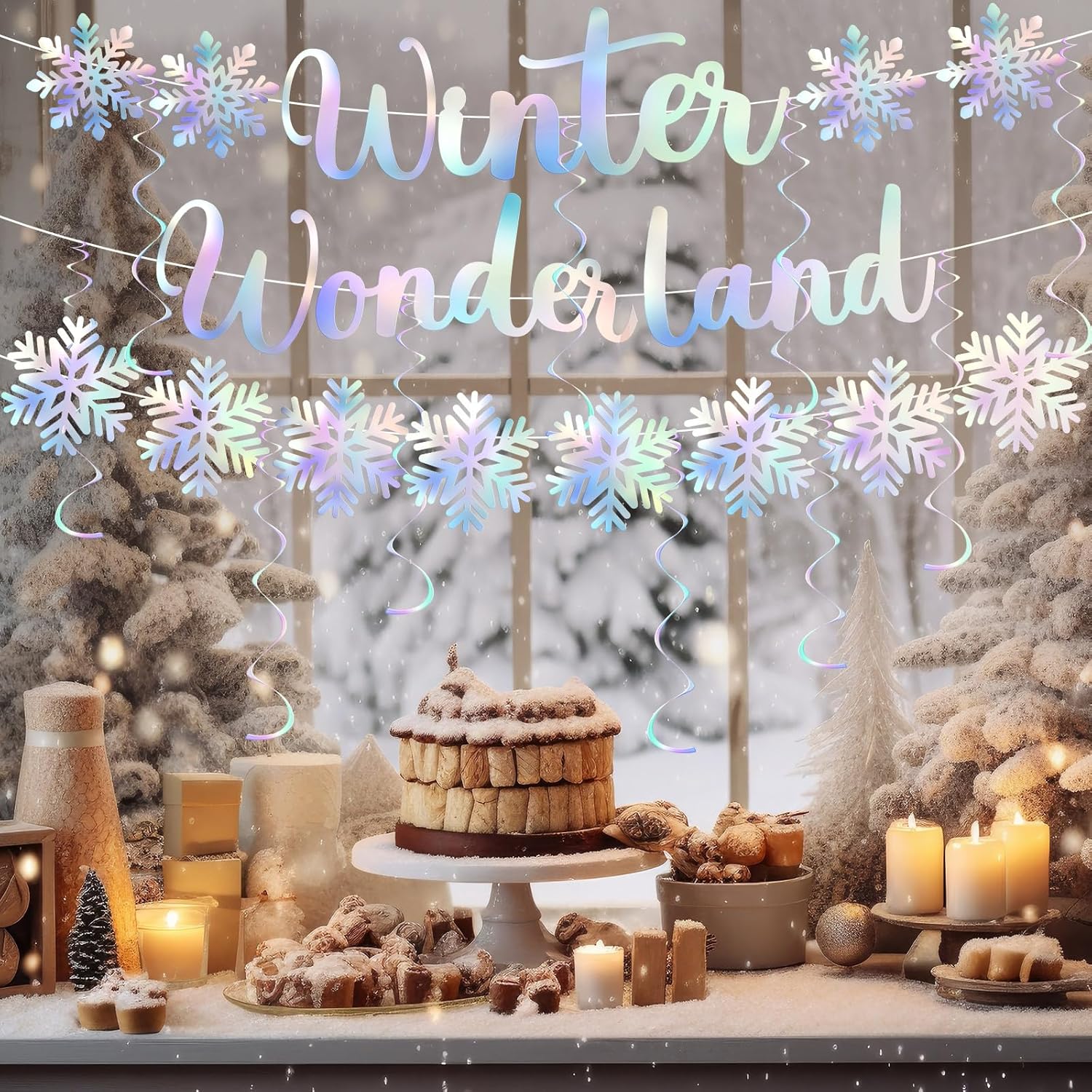 Pinkunn Winter Wonderland Party Decoration Iridescent Decoration Hanging Snowflake Garland Ornaments Iridescent Glitter Paper Spiral Banners for Holiday Birthday Home Party Decor