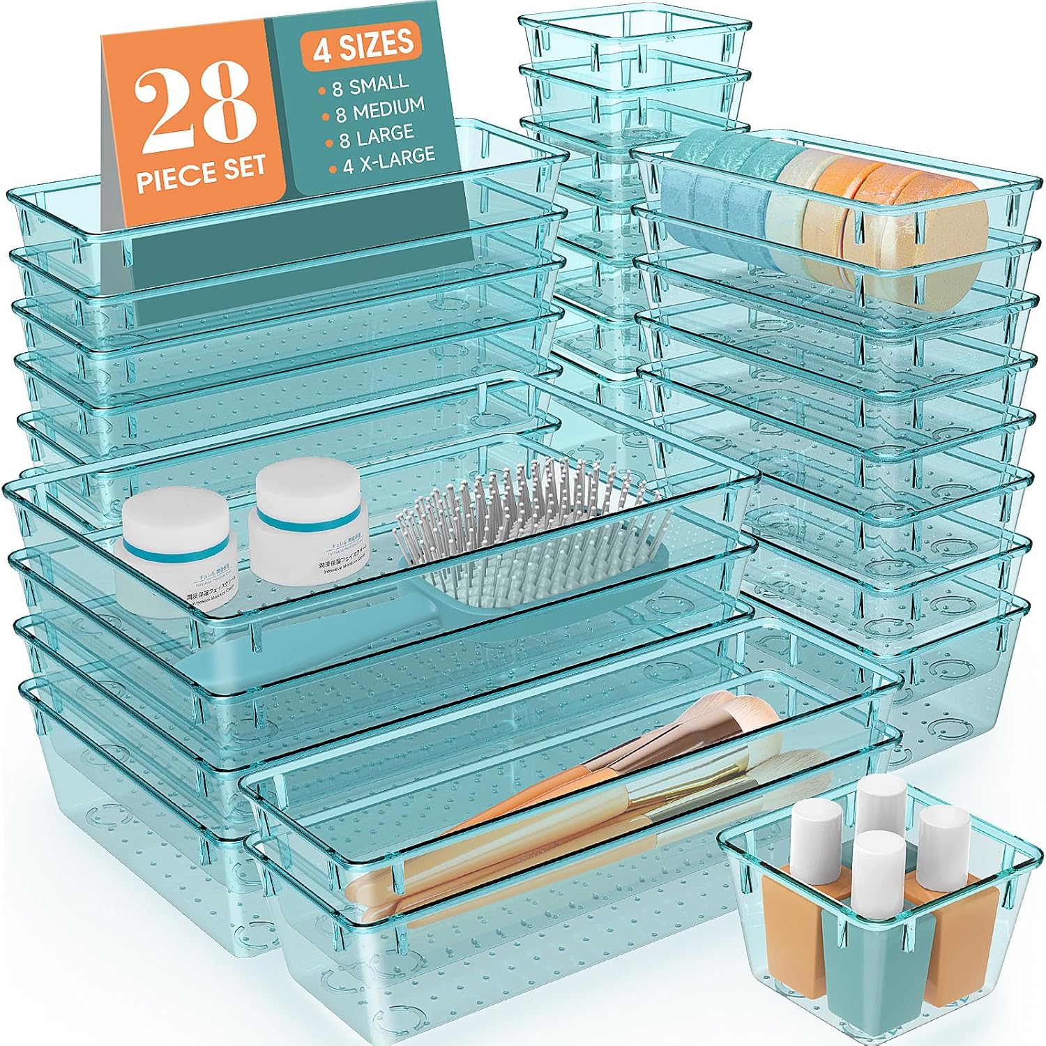 WOWBOX 28 PCS Clear Plastic Drawer Organizer Set, 4 Sizes Desk Drawer Divider Organizers and Storage Bins for Makeup, Jewelry, Gadgets for Kitchen, Bedroom, Bathroom, Office,Sea Blue