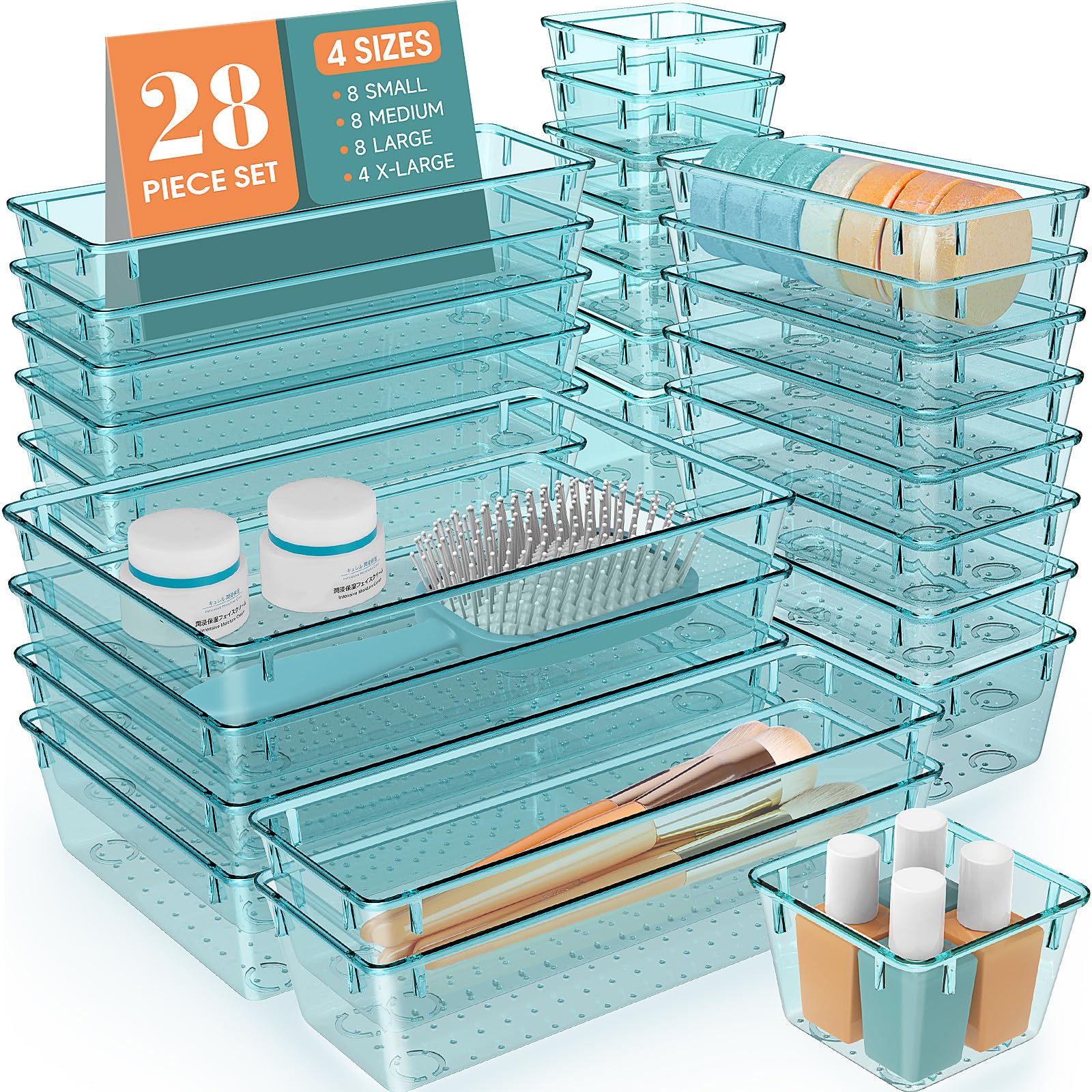 28 PCS Clear Plastic Drawer Organizer Set - 4 Sizes Desk Drawer Dividers For Makeup, Kitchen & Office