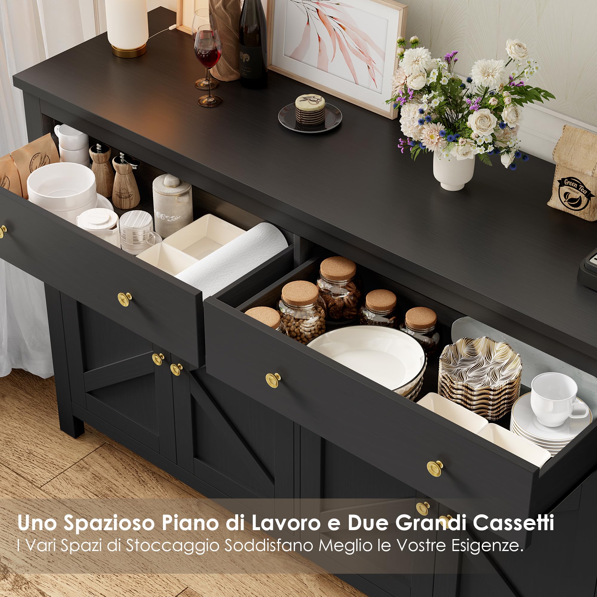 FirFurd Credenza Cucina 140CM,Madia Cucina con 2 Cassetti e 4 Ante Nero | Mobile Cucina con Piano Superiore Ampio Allungato｜Ripiani Regolabili o Rimovibili｜per Soggiorno, Cucina 140x40x89cm