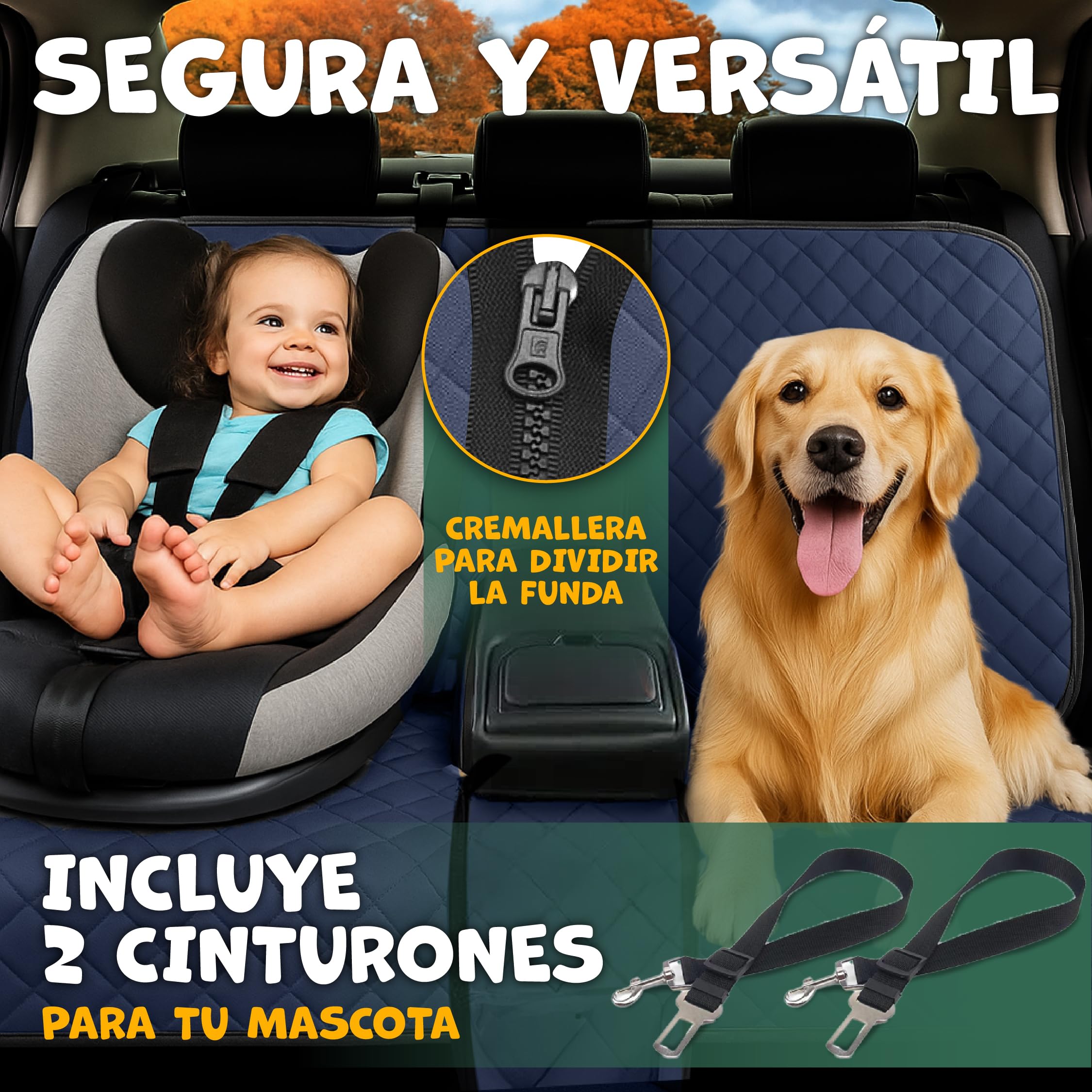 Funda Coche Perro Azul Impermeable + 2 Cinturones