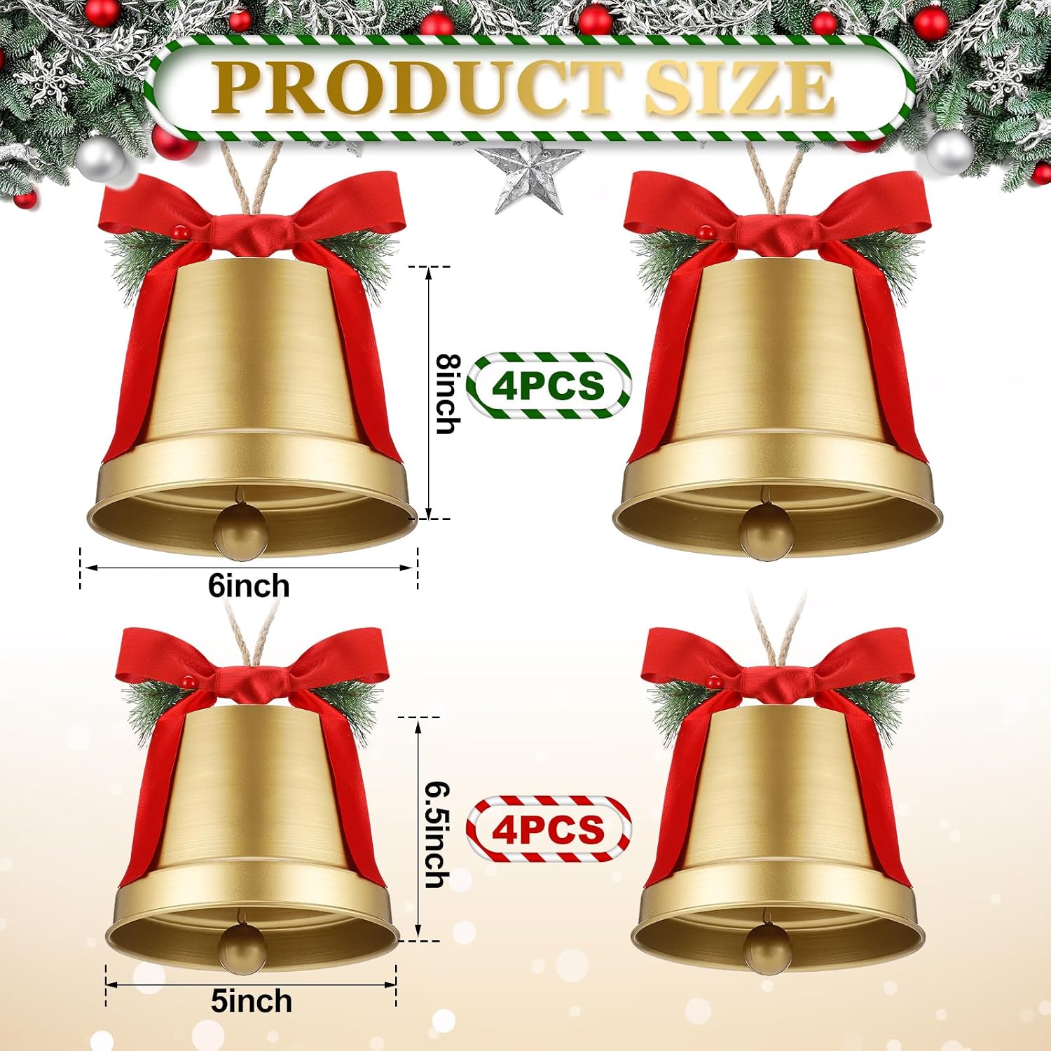 MorningRo 8 Pcs 8+6.5in Gold Giant Bells Extra Large Christmas Bells for Outside Decor for Xmas Tree Doors Firepalces Unique for Large Xmas Bell Ornaments Garland Indoor Outdoor image 2