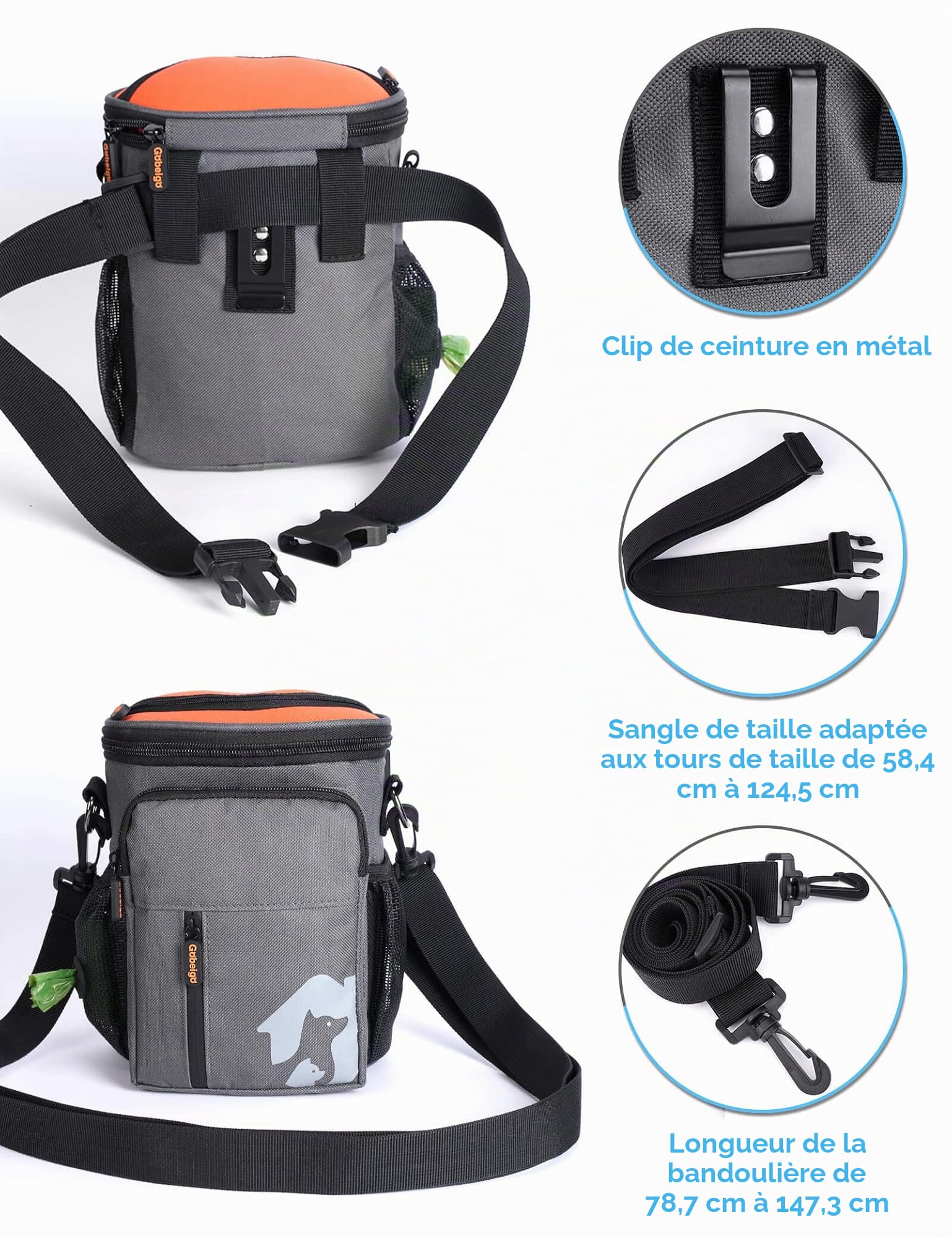 Gobeigo Sac à friandises pour chien 3 façons de le porter Grand format pour entraînement et marche, distributeur de sacs à déjections canines intégré