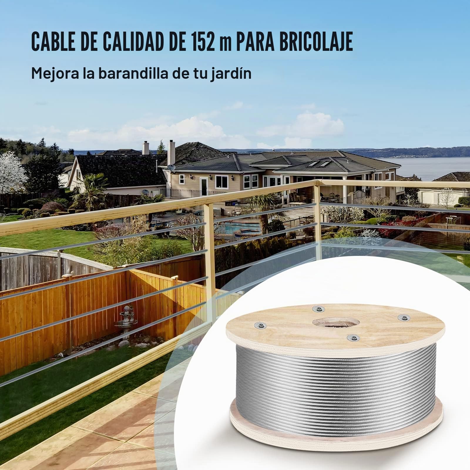 VEVOR Cable de alambre de 152 m x 4,8 mm, 1 x 19 construcción, acero inoxidable T316, superficie pulida, cable de alambre de 1905,1 kg, resistencia a la rotura, cuerda de acero inoxidable para