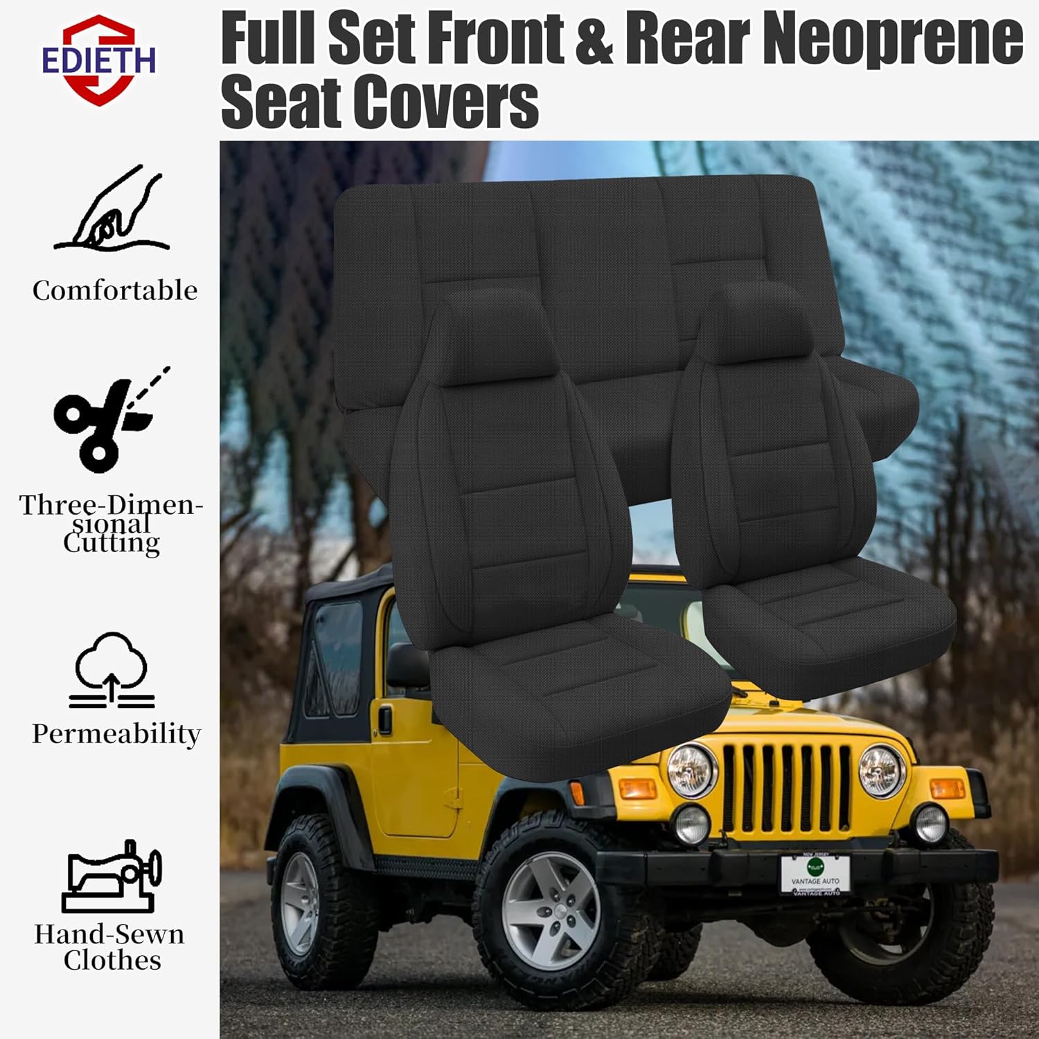 Full Set Front and Rear Seat Covers for Jeep Wrangler TJ 1997 1998 1999 2000 2001 2002, Durable Automotive Interior Protection with Enhanced Padding - Black