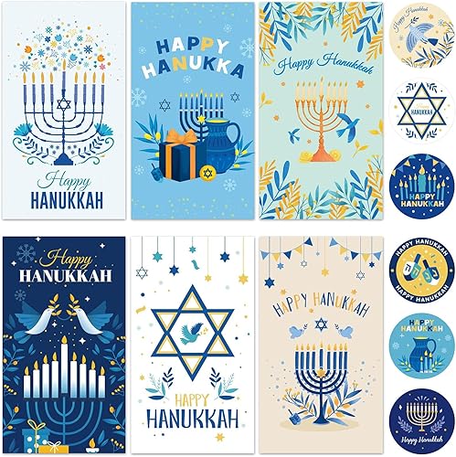 Tevxj 12 tarjetas de felicitación de Janucá con 12 sobres y 30 calcomanías, decoraciones de fiesta de Hanukkah con diseños florales y estrella de disponible en Yaxa Costa Rica