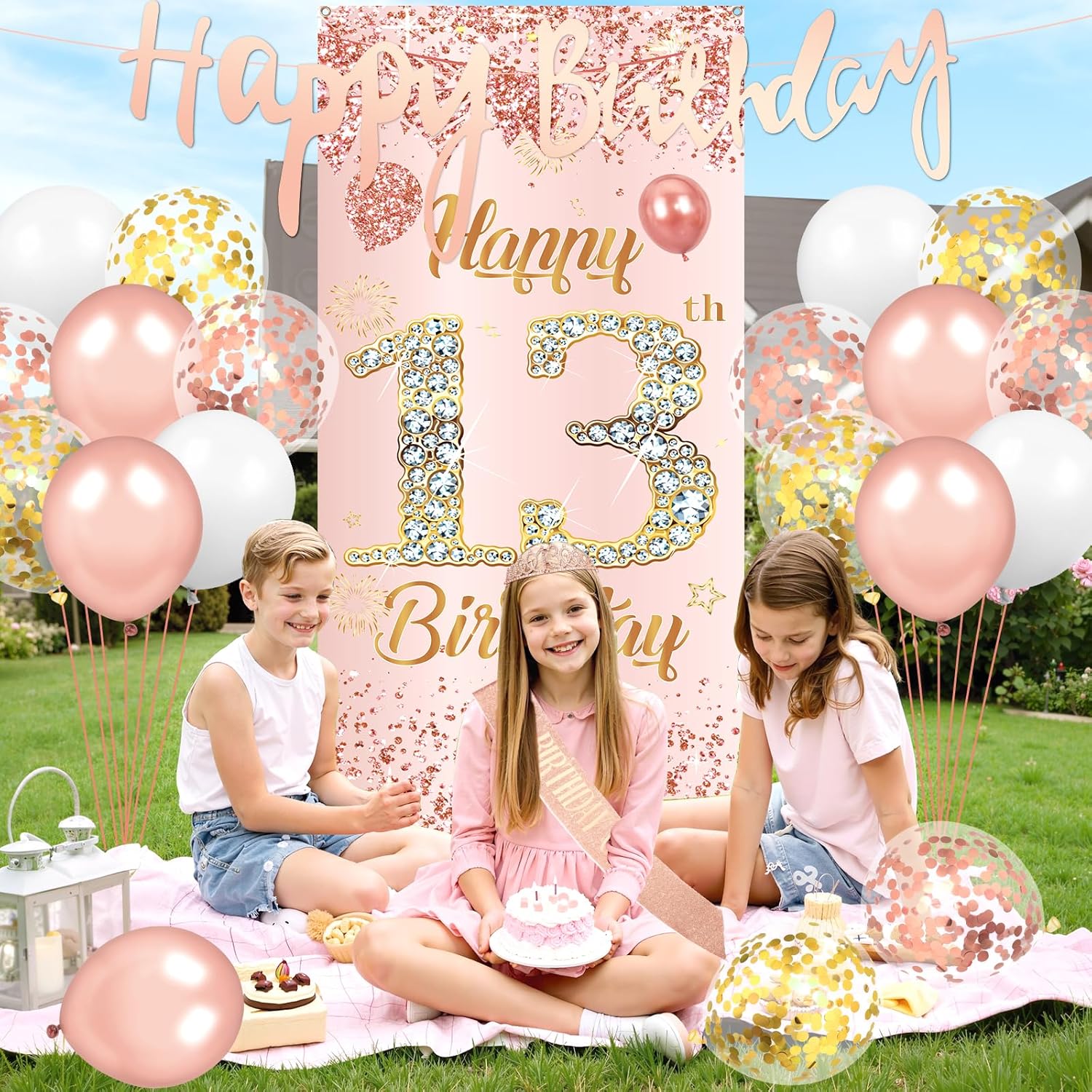 22pcs 13th Birthday Decorations for Girls Rose Gold 13th Birthday Banner Door Cover, Balloons, Tablecloth, Sash and Crown, Happy 13 Years Old Decorations Party Supplies for Girl