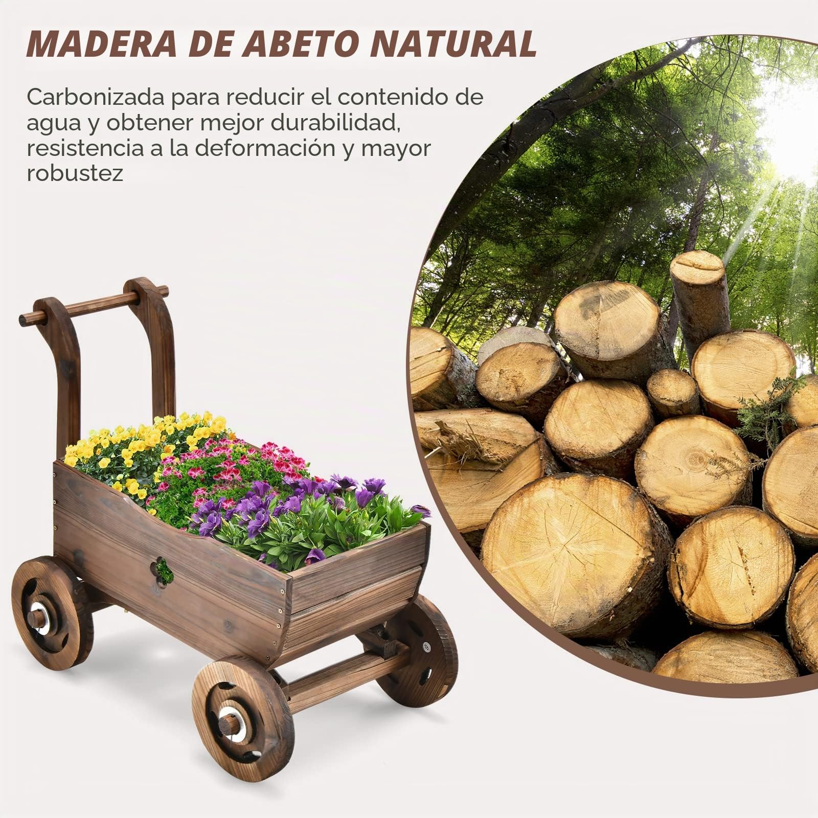 FANTASK Carro de Flores de Madera con Ruedas y asa, Carro de Plantas con Orificio de Drenaje, Carretilla rústica para jardín, terraza, Maceta, Carretilla, decoración de jardín, Jardinera