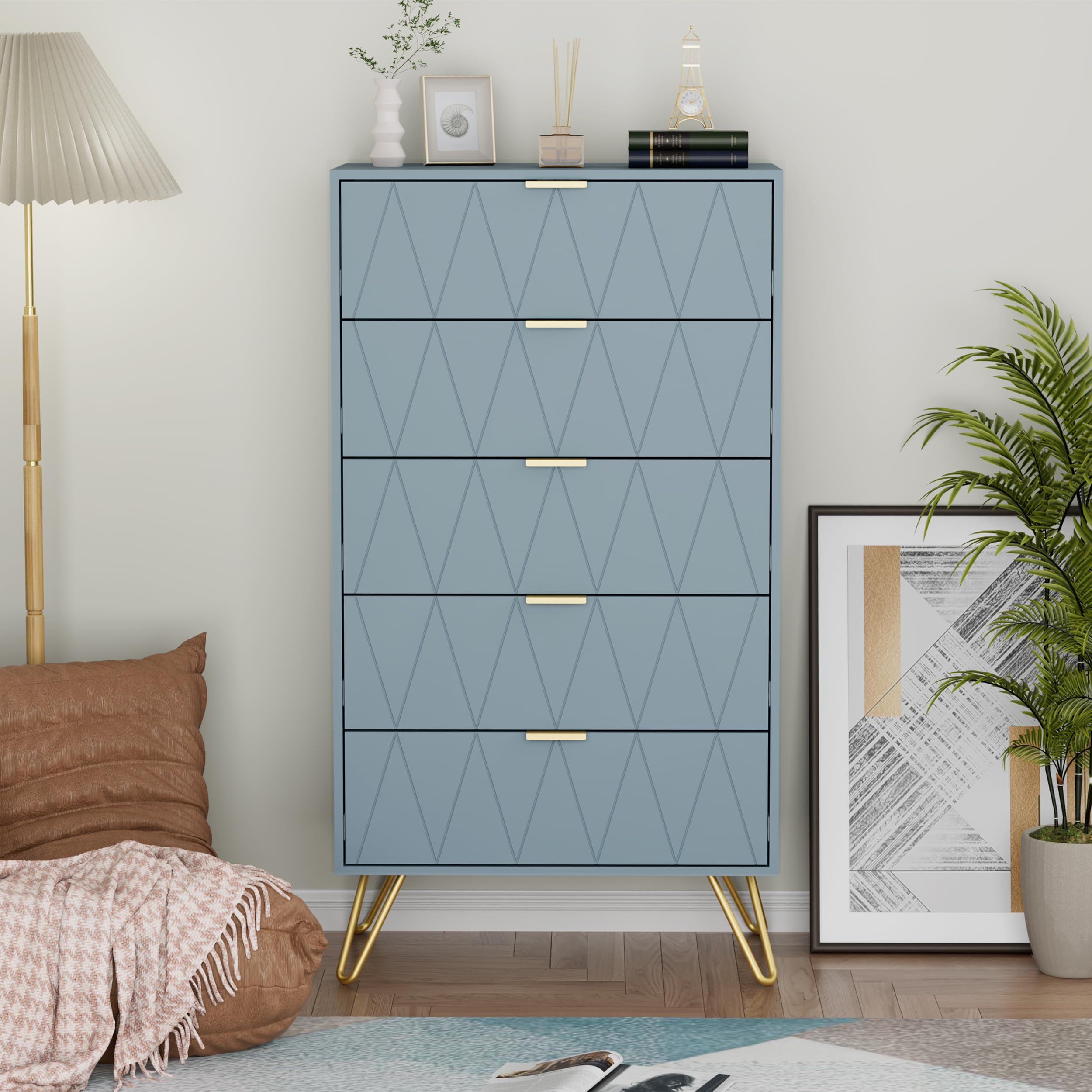 UEV Cassettiera a 5 Cassetti, Comò con Modello di linee di superficie in Legno Ingegnerizzato, con Maniglie e Gambe Dorate, per Soggiorno, Camera da Letto, Corridoio, 60 x 34 x 110 cm, Grigio-Blu