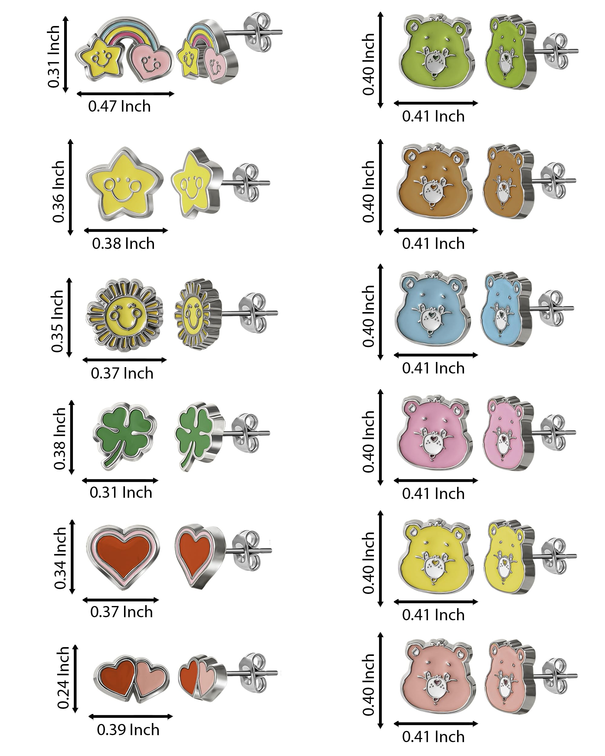 Official Care Bears Stud Earrings Set Pack of 12 Fashion Enamel, Mother's Day Earrings