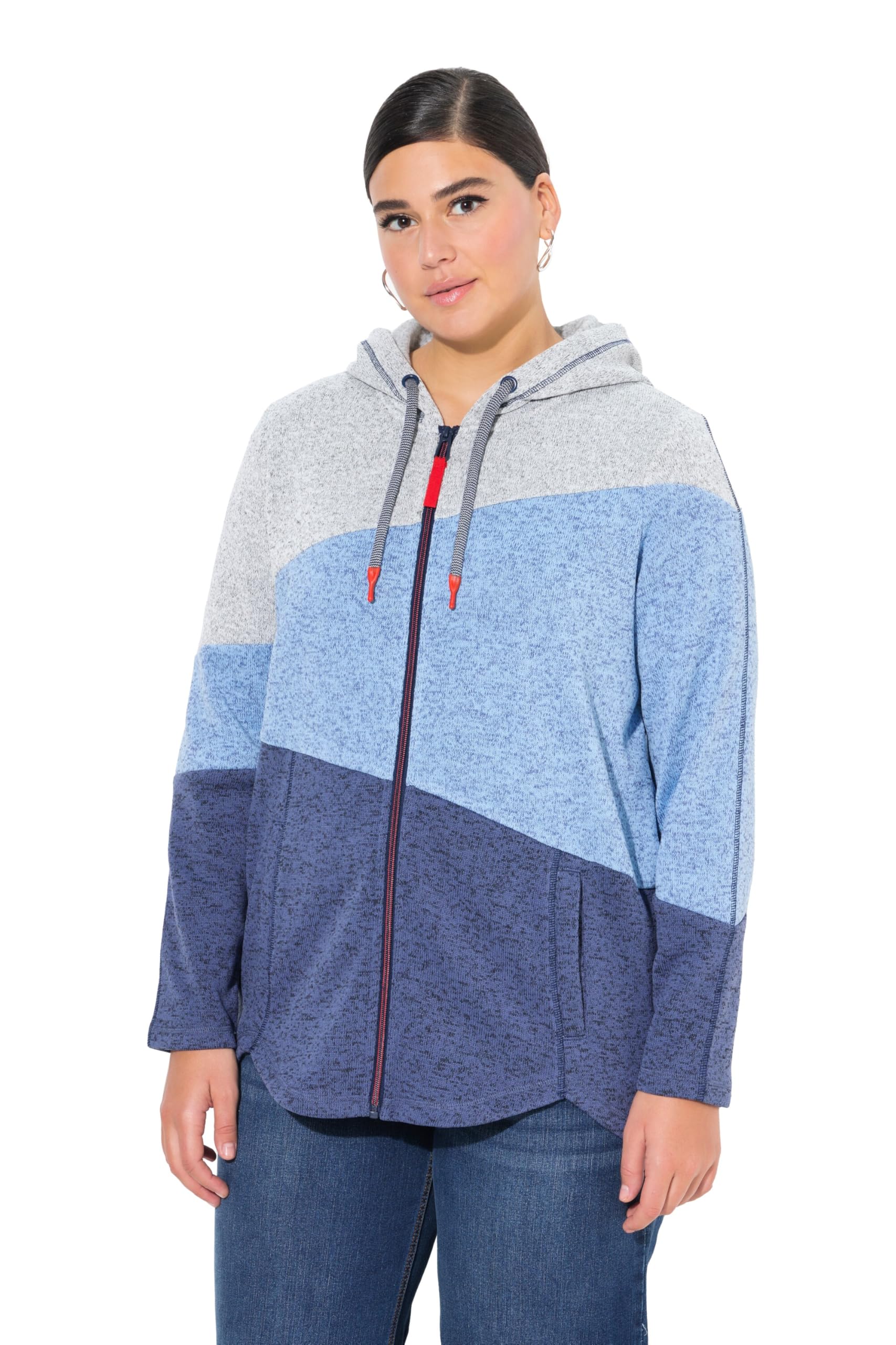 Ulla Popken Damen große Größen Übergrößen Plus Size Strickfleece-Jacke, Colorblocking, Kapuze, Zipper 835951