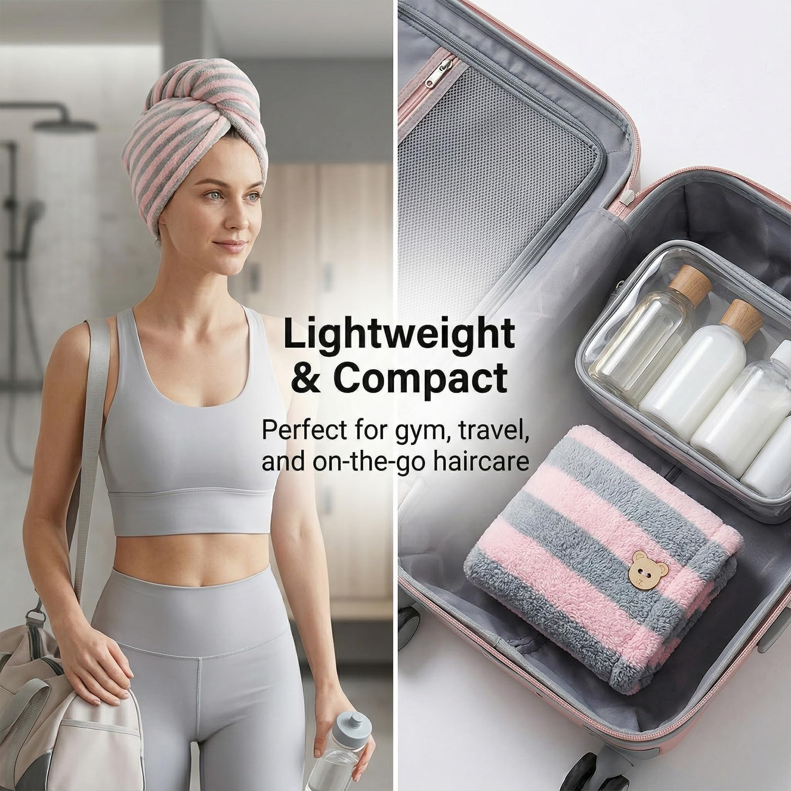 Toalla turbante suave para el cabello, toalla de secado de pelo, botón para absorber el cabello de secado rápido, turbante de microfibra para el cabello largo y rizado para mujer (gris y rosa) — view 7