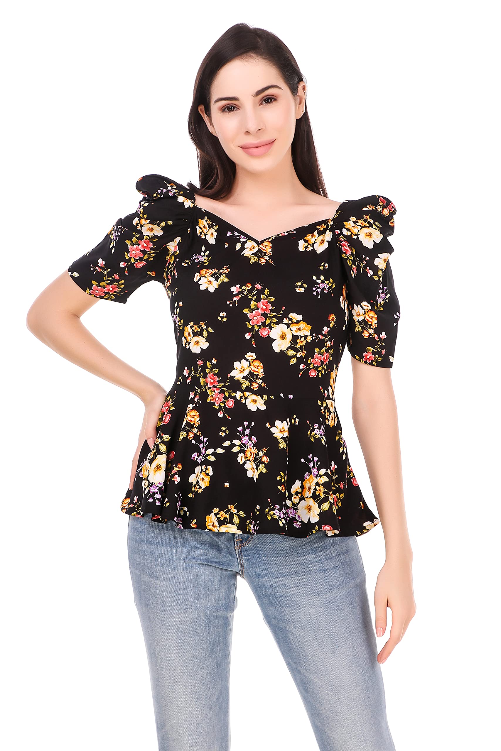 zuvino Women's Rayon Floral Peplum Top with Princess Sleeve; Office wear, Summer Wear-picture-30