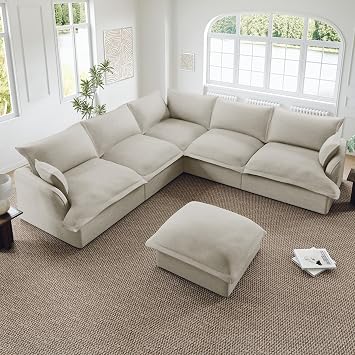 Cloud Sectional Couch, 5 Seat Modular Sofa with Ottoman, Light Gray